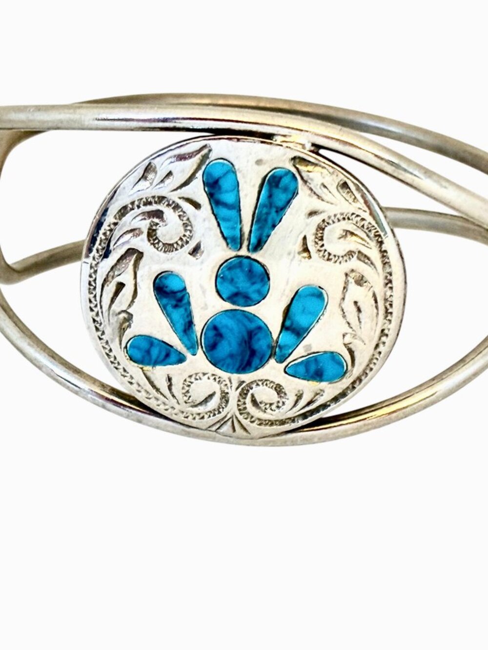 Vintage Sterling Silver Native Bracelet Turquoise Inlay Hinged Clamper 31 gr